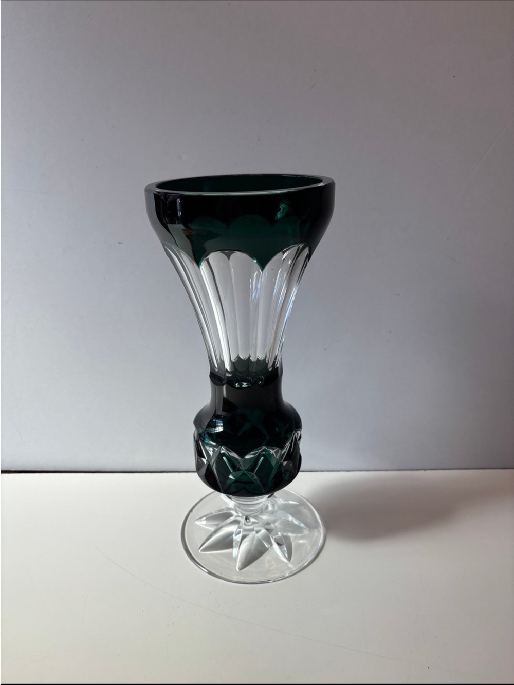 vintage emerald green and clear cut-to-clear crystal pedestal vase